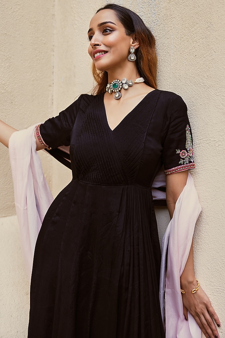 Black Chinon Party Wear Anarkali Set by Spring Diaries at Pernia's Pop Up Shop