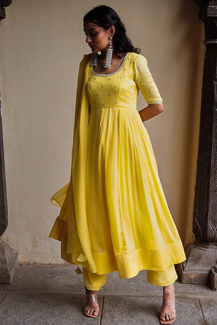 Yellow Chinon Embroidered Anarkali Set by Spring Diaries