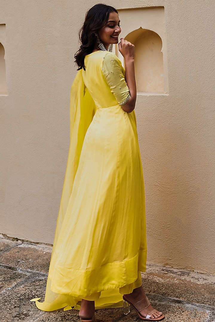 Yellow Chinon Embroidered Party Wear Anarkali Set by Spring Diaries at Pernia's Pop Up Shop