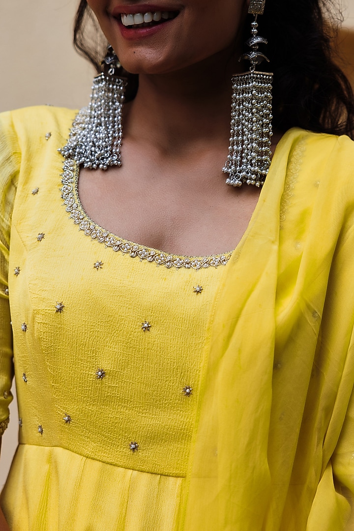 Yellow Chinon Embroidered Party Wear Anarkali Set by Spring Diaries at Pernia's Pop Up Shop