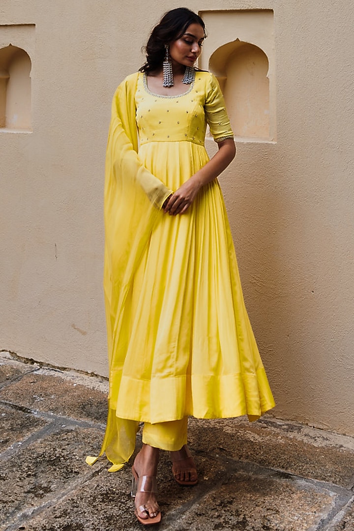 Yellow Chinon Embroidered Party Wear Anarkali Set by Spring Diaries at Pernia's Pop Up Shop