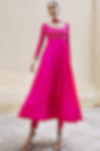 Bright Pink Chinon Embroidered Anarkali Set by Spring Diaries