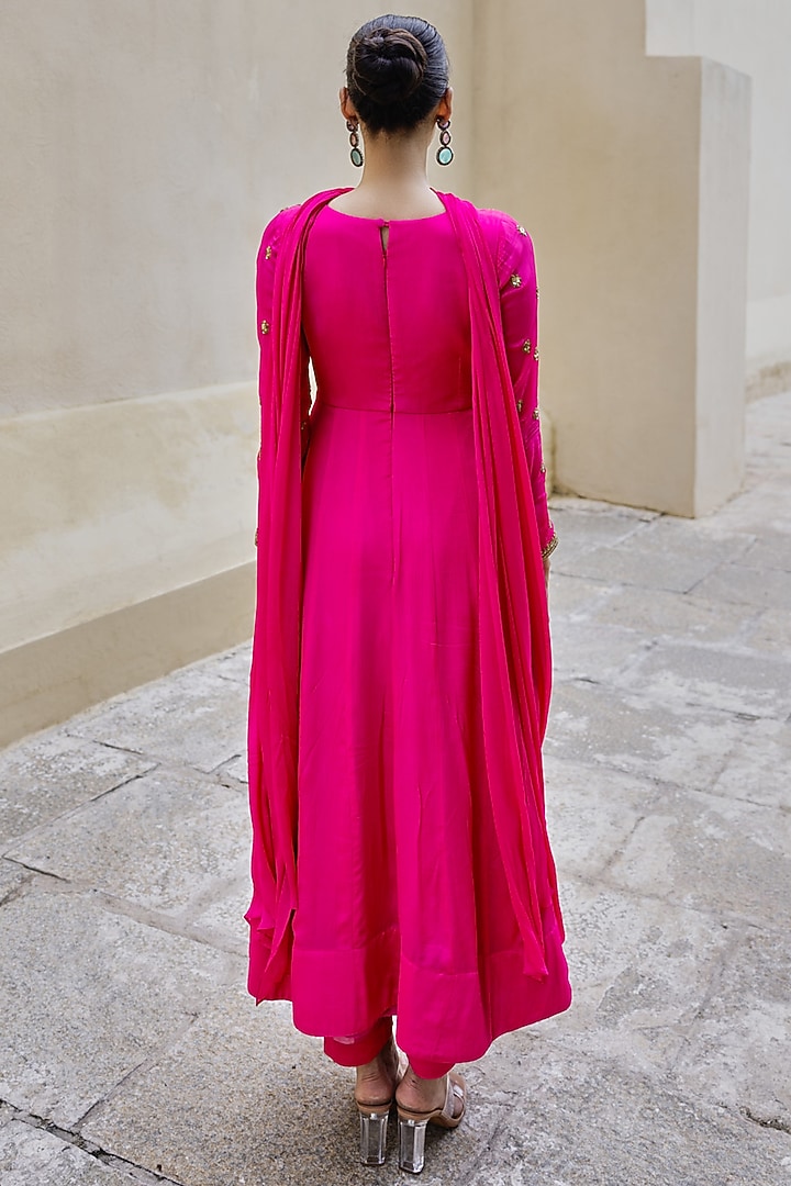 Bright Pink Chinon Embroidered Party Wear Anarkali Set by Spring Diaries at Pernia's Pop Up Shop