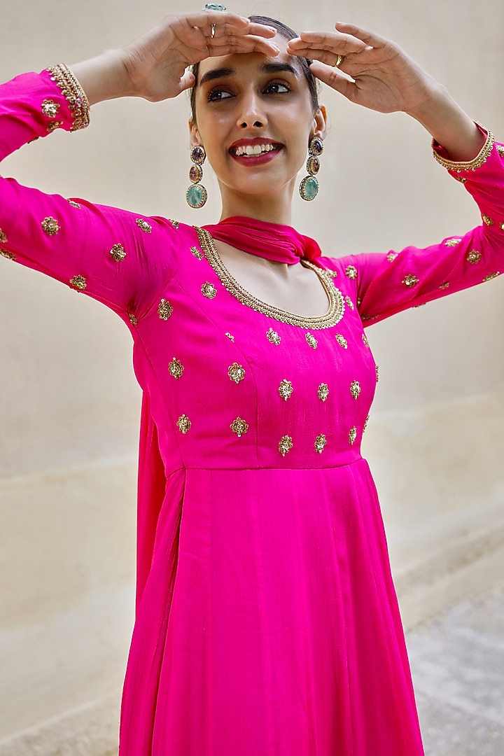 Bright Pink Chinon Embroidered Party Wear Anarkali Set by Spring Diaries at Pernia's Pop Up Shop