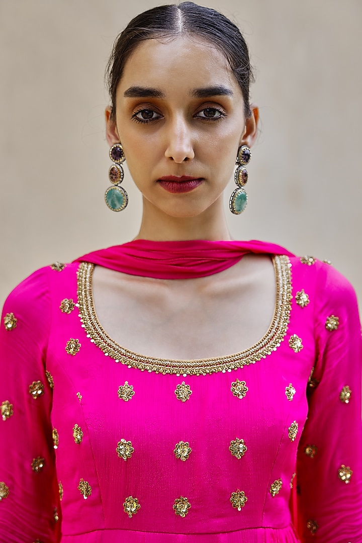 Bright Pink Chinon Embroidered Party Wear Anarkali Set by Spring Diaries at Pernia's Pop Up Shop