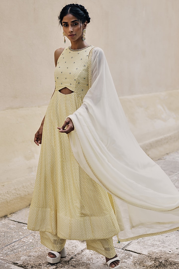 Cream Chinon Embroidered Anarkali Set by Spring Diaries