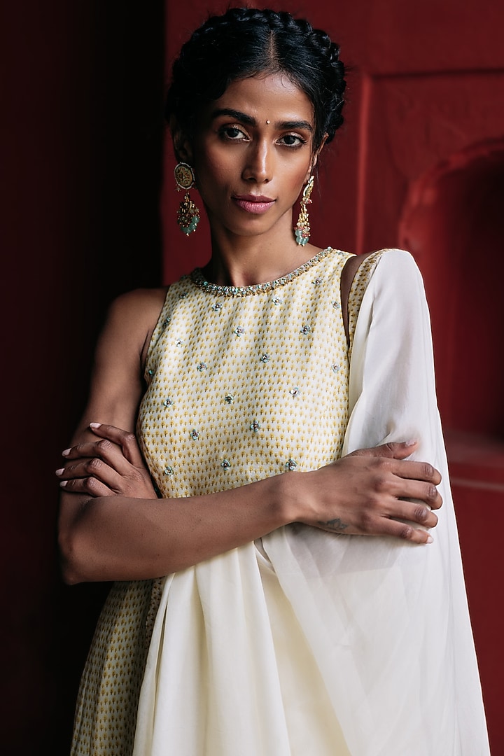 Cream Chinon Embroidered Party Wear Anarkali Set by Spring Diaries at Pernia's Pop Up Shop