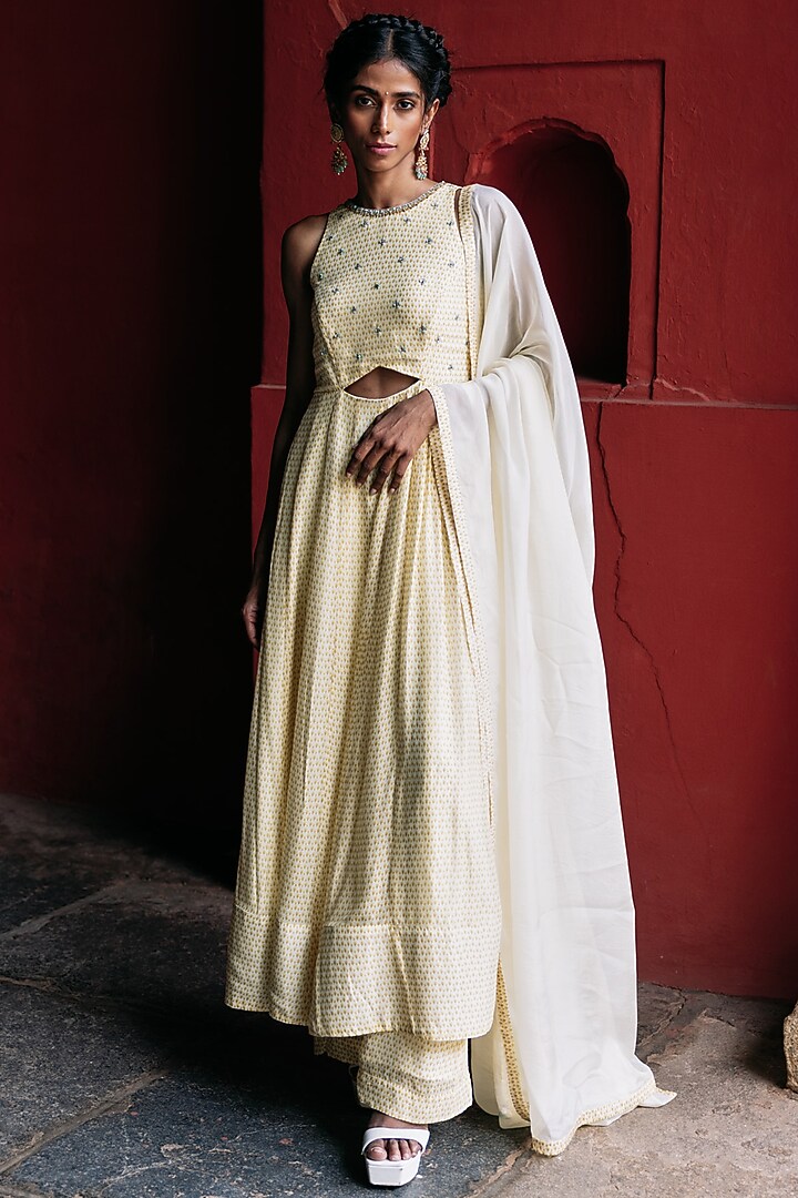 Cream Chinon Embroidered Party Wear Anarkali Set by Spring Diaries at Pernia's Pop Up Shop