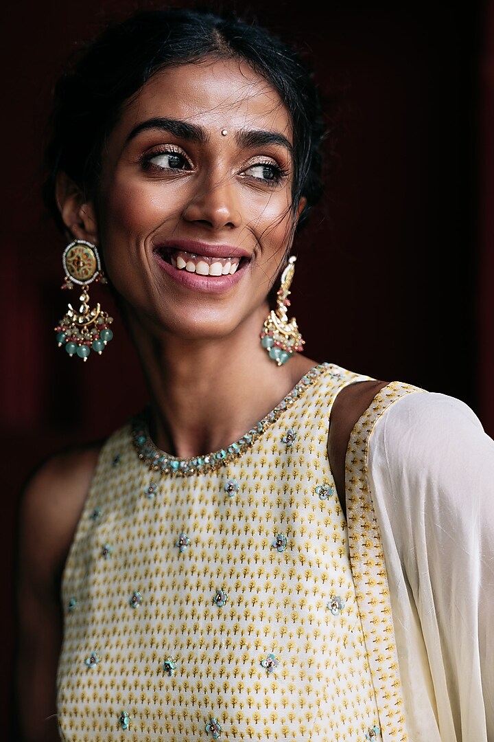 Cream Chinon Embroidered Party Wear Anarkali Set by Spring Diaries at Pernia's Pop Up Shop