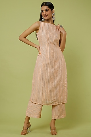 Light Peach Striped Kurta Set by Spring Diaries