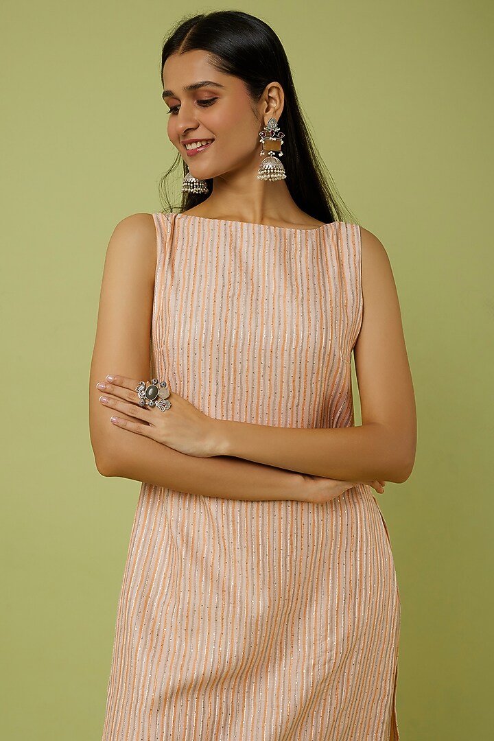Light Peach Striped Kurta Set by Spring Diaries at Pernia's Pop Up Shop