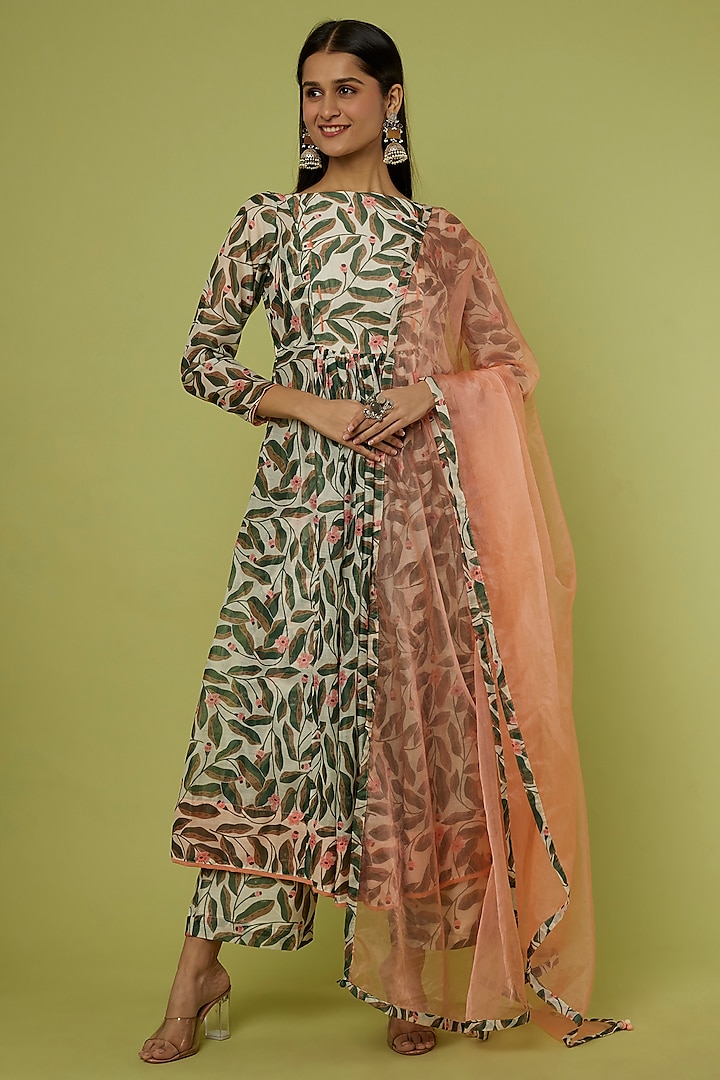 Cream & Green Printed Anarkali Set by Spring Diaries