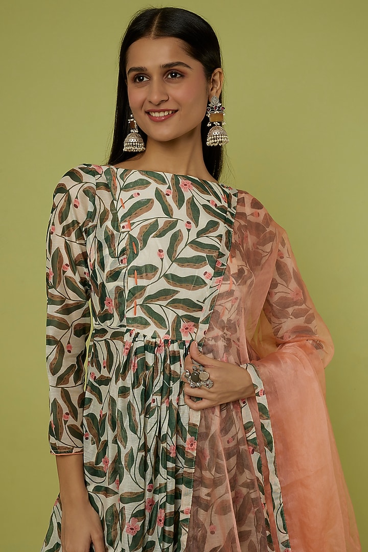 Cream & Green Printed Anarkali Set by Spring Diaries at Pernia's Pop Up Shop