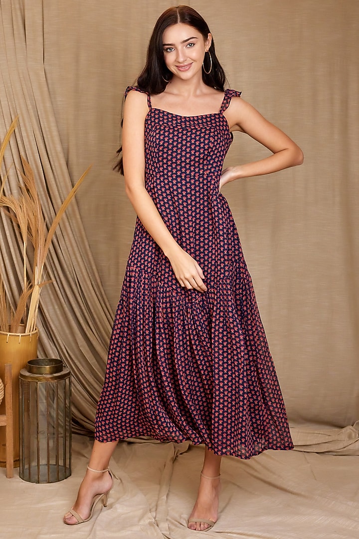 Navy Blue & Coral Red Flared Summer Dress by Spring Diaries at Pernia's Pop Up Shop