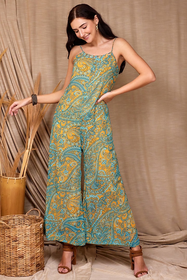 Mango Yellow & Turquoise Viscose Georgette Jumpsuit by Spring Diaries