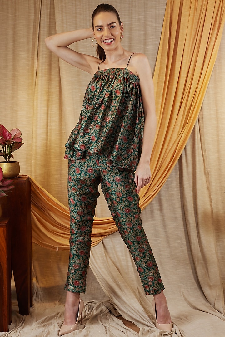 Bottle Green Mul Silk Pant Set by Spring Diaries