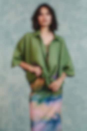 Moss Green Pure Linen Oversized Shirt by Saphed at Pernia's Pop Up Shop