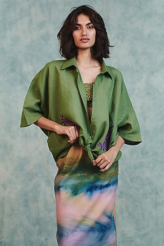 Moss Green Pure Linen Oversized Shirt by Saphed