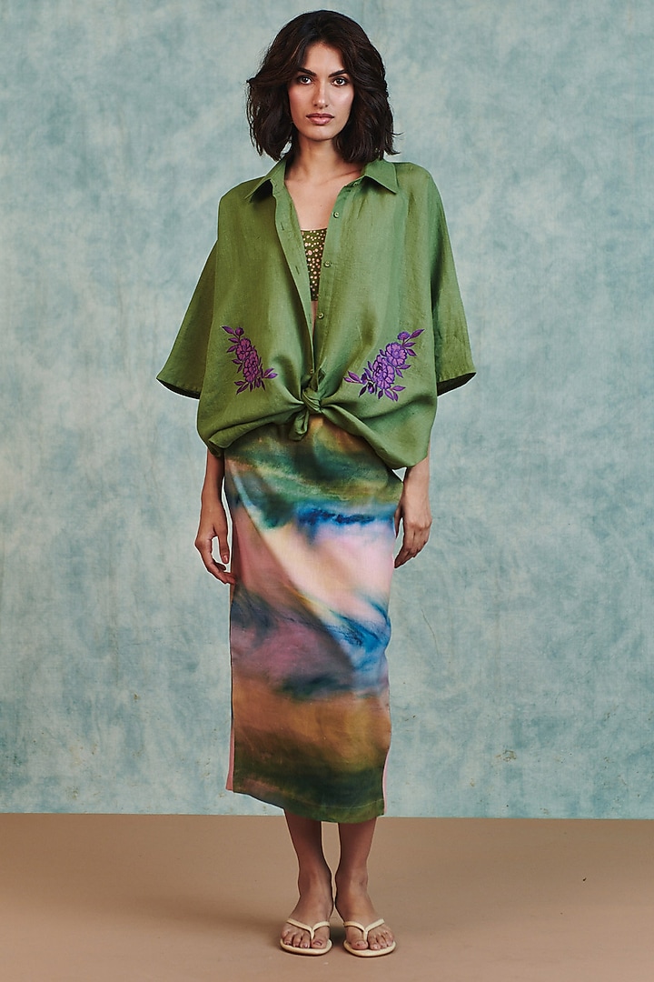 Moss Green Pure Linen Oversized Shirt by Saphed at Pernia's Pop Up Shop