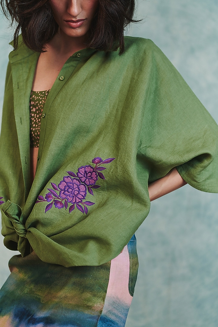 Moss Green Pure Linen Oversized Shirt by Saphed at Pernia's Pop Up Shop