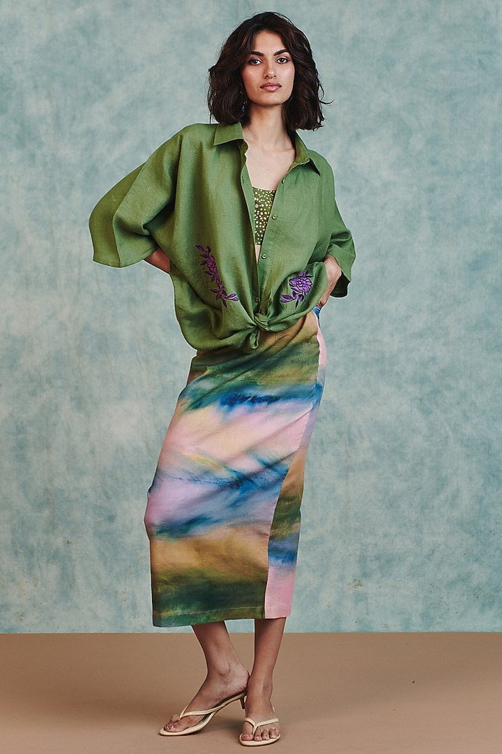 Multi-Colored Ombre Cotton Linen Midi Skirt by Saphed at Pernia's Pop Up Shop