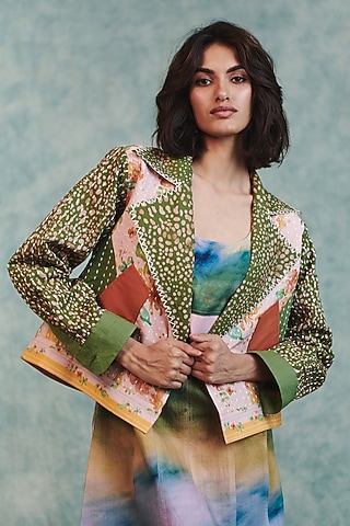 Green & Pink Cotton Linen Patchwork Bolero Jacket by Saphed