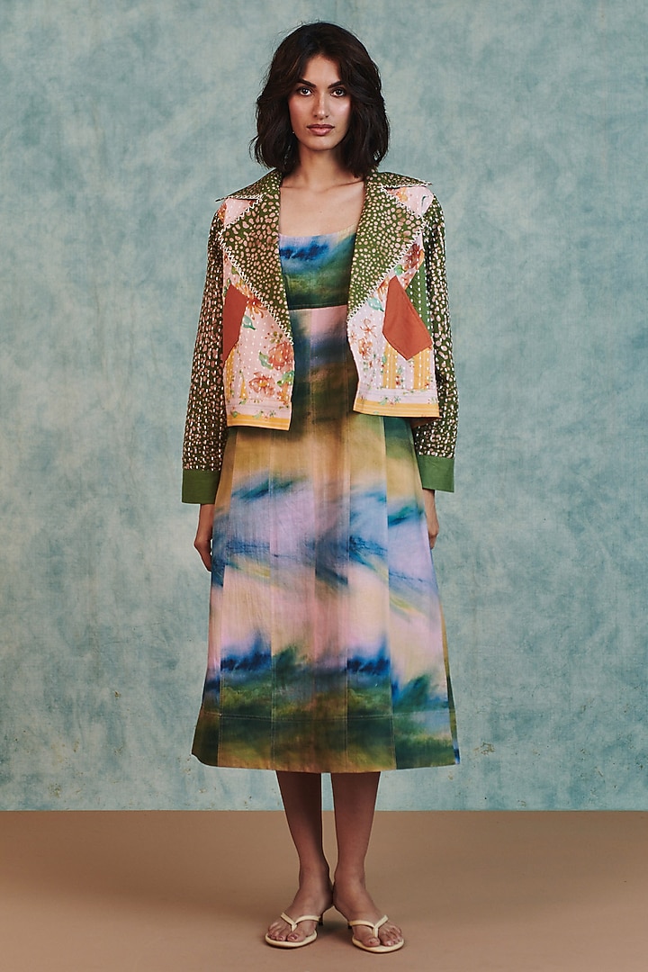 Green & Pink Cotton Linen Patchwork Bolero Jacket by Saphed at Pernia's Pop Up Shop