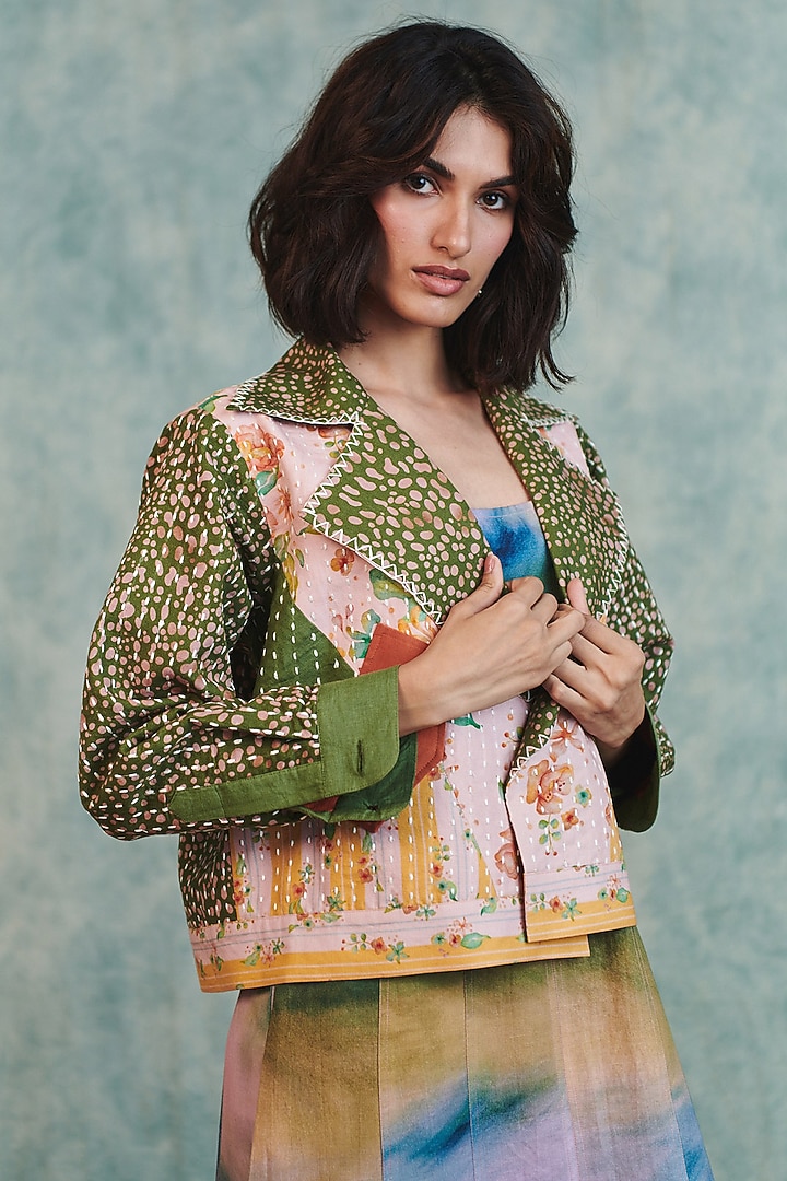 Green & Pink Cotton Linen Patchwork Bolero Jacket by Saphed at Pernia's Pop Up Shop