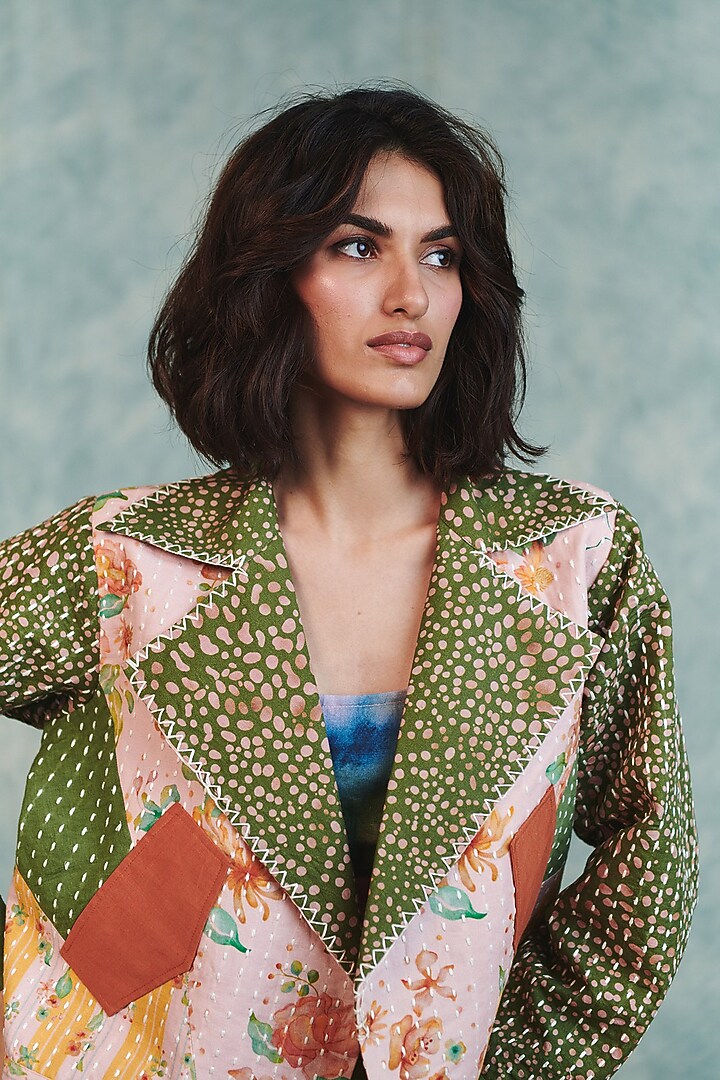Green & Pink Cotton Linen Patchwork Bolero Jacket by Saphed at Pernia's Pop Up Shop