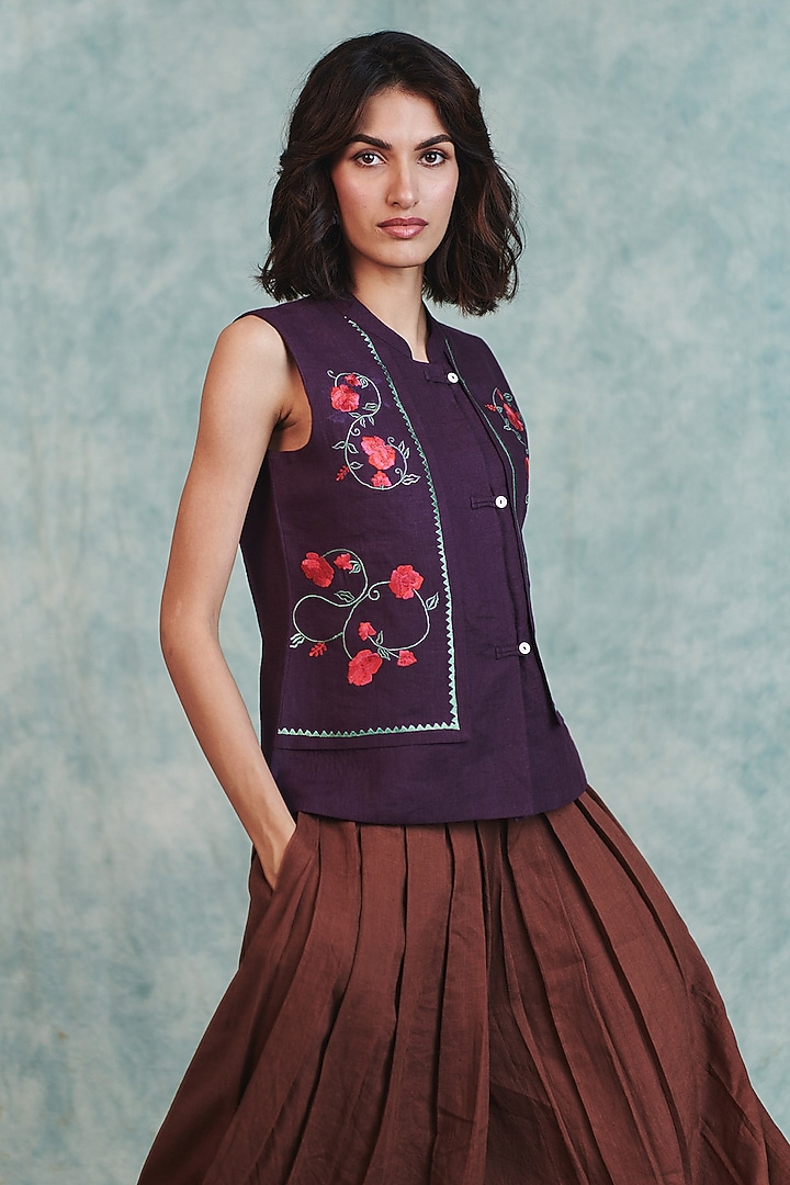 Plum Pure Line Embroidered Waistcoat by Saphed at Pernia's Pop Up Shop