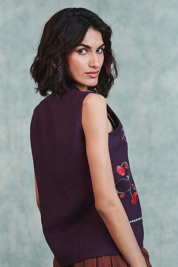 Plum Pure Line Embroidered Waistcoat by Saphed at Pernia's Pop Up Shop