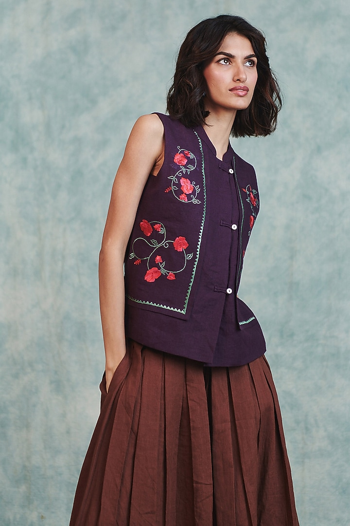 Plum Pure Line Embroidered Waistcoat by Saphed at Pernia's Pop Up Shop