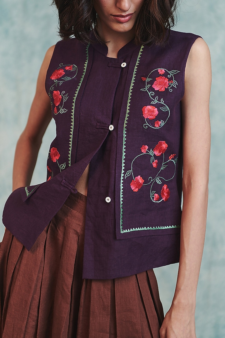 Plum Pure Line Embroidered Waistcoat by Saphed at Pernia's Pop Up Shop