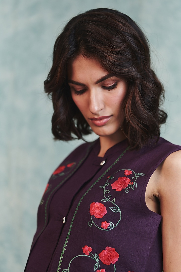 Plum Pure Line Embroidered Waistcoat by Saphed at Pernia's Pop Up Shop