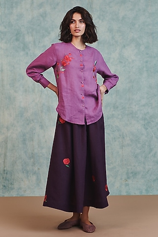 Plum Pure Linen Flared Skirt Set by Saphed