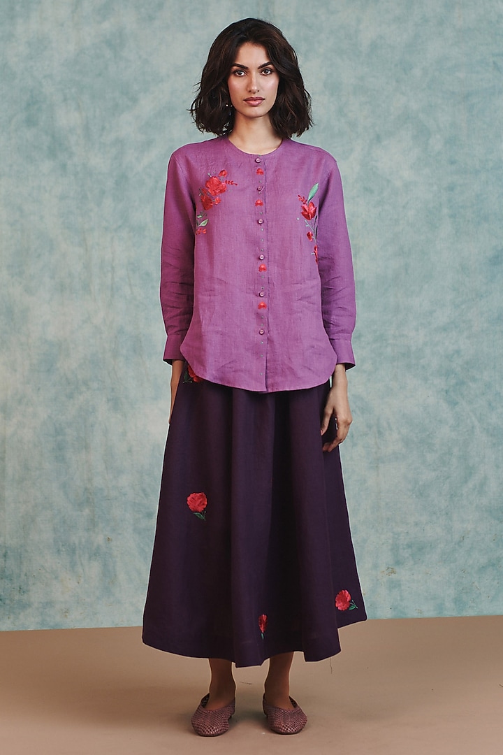 Plum Pure Linen Flared Skirt Set by Saphed at Pernia's Pop Up Shop