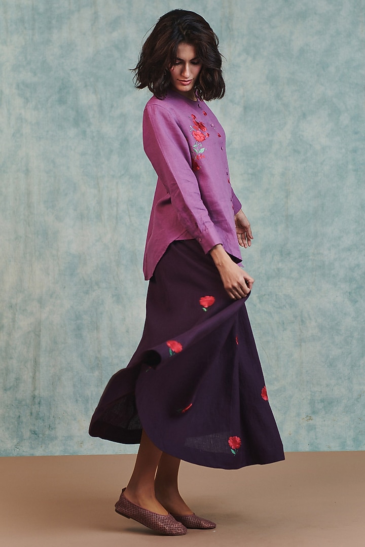 Plum Pure Linen Flared Skirt Set by Saphed at Pernia's Pop Up Shop