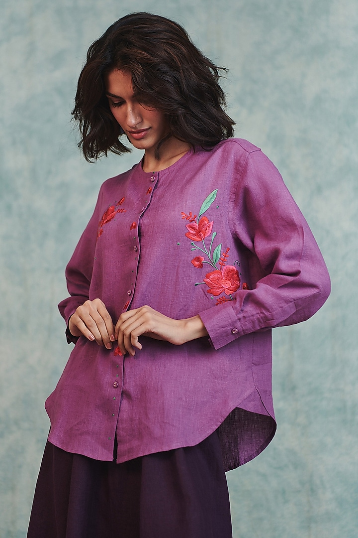 Plum Pure Linen Flared Skirt Set by Saphed at Pernia's Pop Up Shop