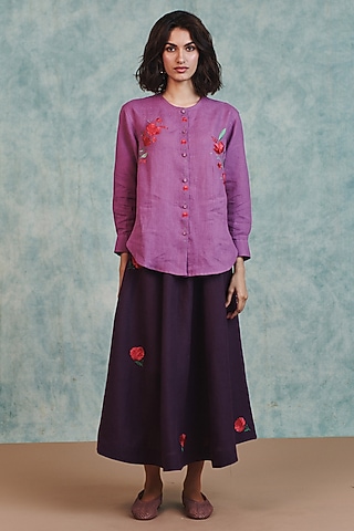 Plum Pure Linen Flared Skirt by Saphed