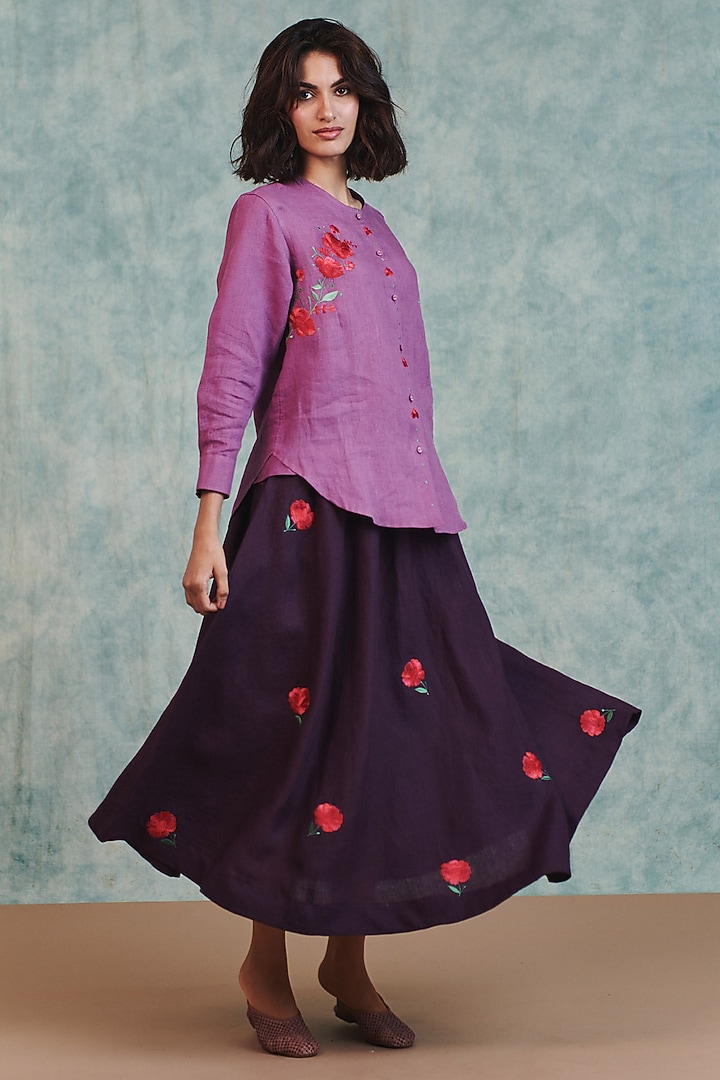 Plum Pure Linen Flared Skirt by Saphed at Pernia's Pop Up Shop