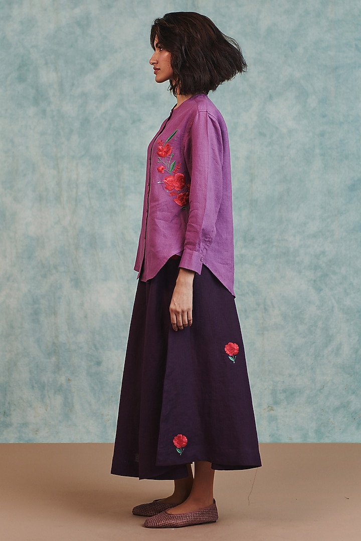 Plum Pure Linen Flared Skirt by Saphed at Pernia's Pop Up Shop