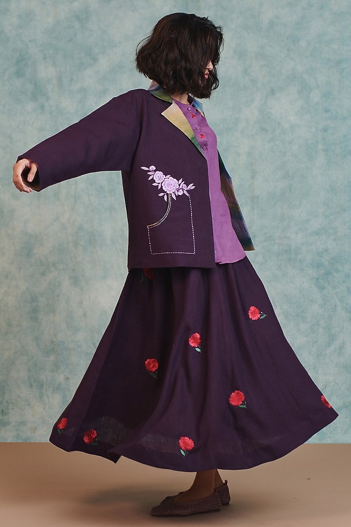 Plum Pure Linen Flared Skirt by Saphed at Pernia's Pop Up Shop
