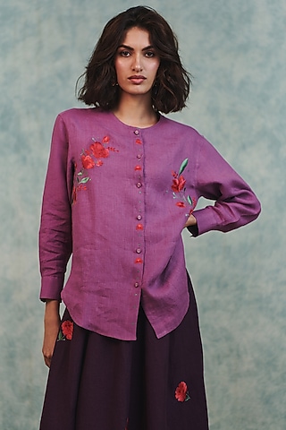 Lilac Pure Linen Embroidered Shirt by Saphed