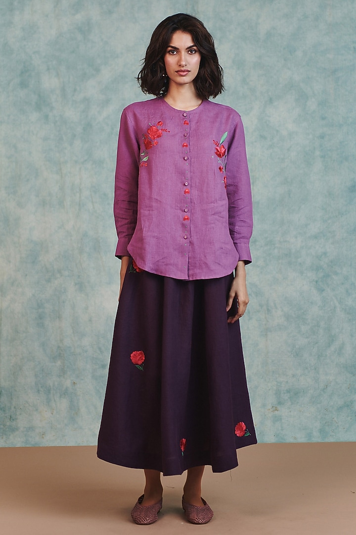 Lilac Pure Linen Embroidered Shirt by Saphed at Pernia's Pop Up Shop