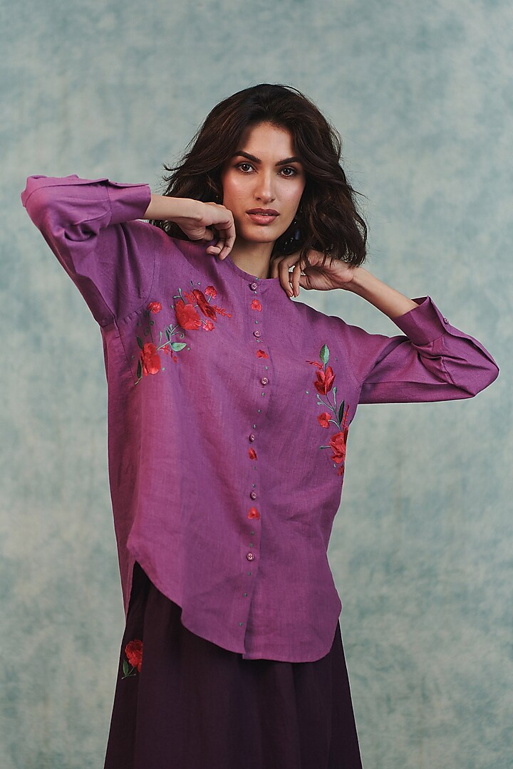 Lilac Pure Linen Embroidered Shirt by Saphed at Pernia's Pop Up Shop