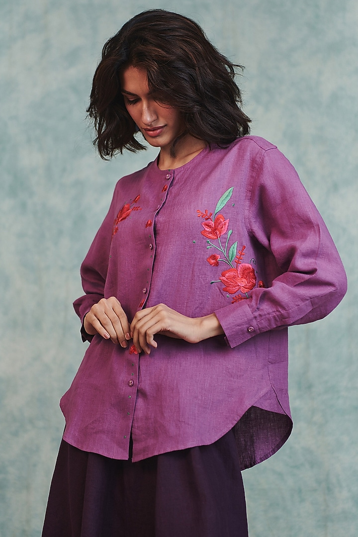 Lilac Pure Linen Embroidered Shirt by Saphed at Pernia's Pop Up Shop