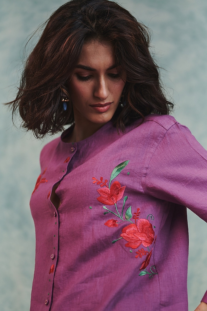 Lilac Pure Linen Embroidered Shirt by Saphed at Pernia's Pop Up Shop