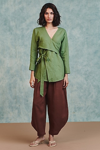 Brown Pure Linen Billow Pants by Saphed
