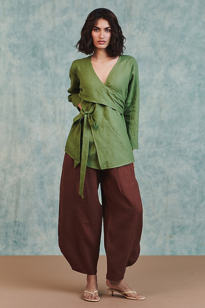 Brown Pure Linen Billow Pants by Saphed at Pernia's Pop Up Shop