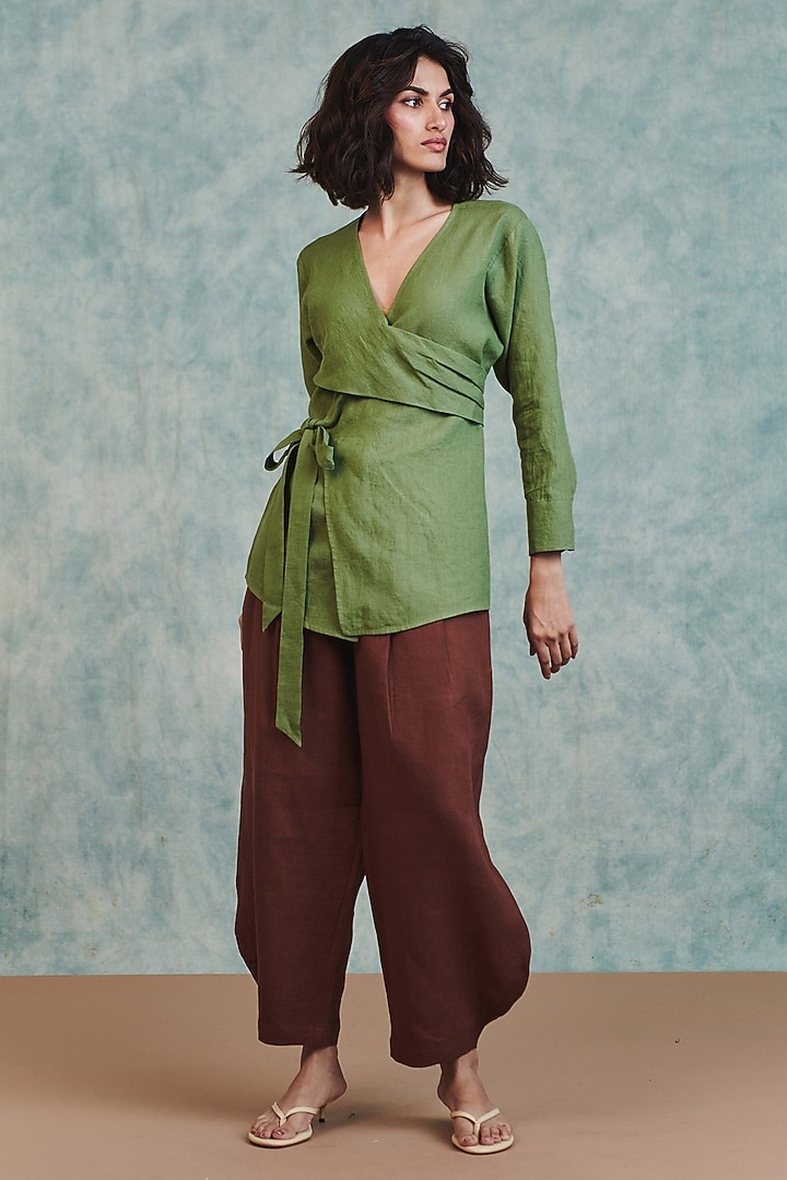 Brown Pure Linen Billow Pants by Saphed at Pernia's Pop Up Shop
